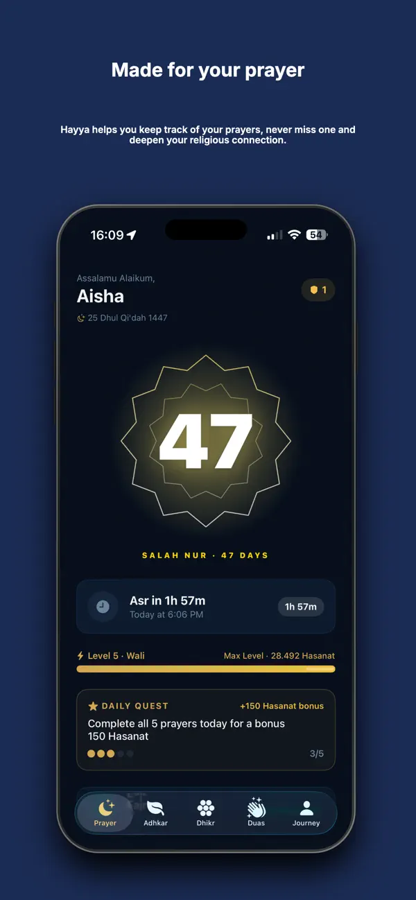 Hayya prayer tracker home screen with 47-day salah streak and Asr countdown