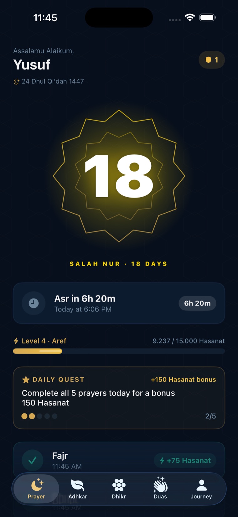 الشاشة الرئيسية في Hayya — تحية السلام عليكم، سلسلة نور الصلاة لمدة 18 يومًا، العدّ التنازلي للصلاة القادمة، وصلوات اليوم الخمس جاهزة للتسجيل